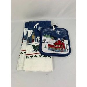 Holiday Time Kitchen 2 Church & Sleigh Towel w/2 Country Winter Village Hot Pads
